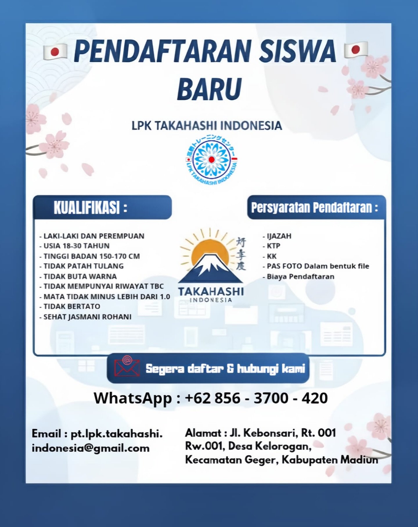 Yukss teman - teman jangan lewatkan kesempatan emas ini, slot terbatas untuk setiap angkatan🤩🤗🤗

Yuks mulai daftar dengan isi form yang ada di bio yahh🤩🤗🇯🇵🇯🇵