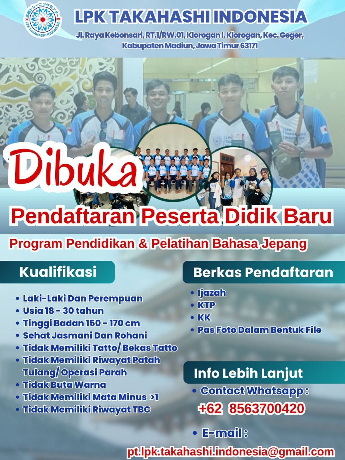 LPK TAKAHASHI INDONESIA 🌸

Siap terbang ke Jepang tahun ini? LPK Takahashi Indonesia membuka pendaftaran kelas baru! ✈️

Slot terbatas untuk setiap angkatan! Yuk, amankan kursimu sekarang sebelum kuota penuh, kami ambil 20 orang yahh yukss.

📩 DM untuk info lebih lanjut 

#LPKTakahashi #KerjaKeJepang #BahasaJepang #SuksesMuda #madiun